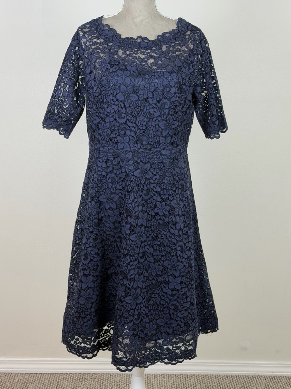 Rickie Freeman Teri Jon Navy Blue Lace Dress 14 Fit Flare Coquette Cocktail $650